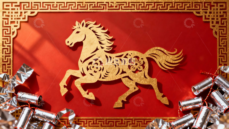 高清大图下载【趣麦麦图】红色背景金色剪纸马与鞭炮