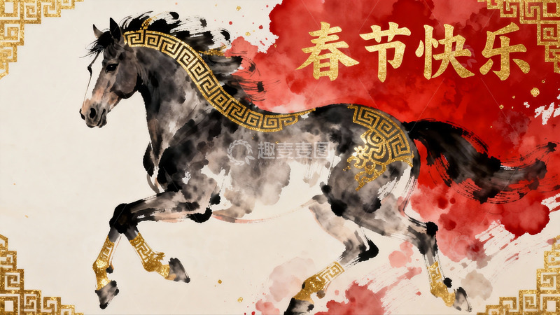 高清大图下载【趣麦麦图】水墨骏马迎春图