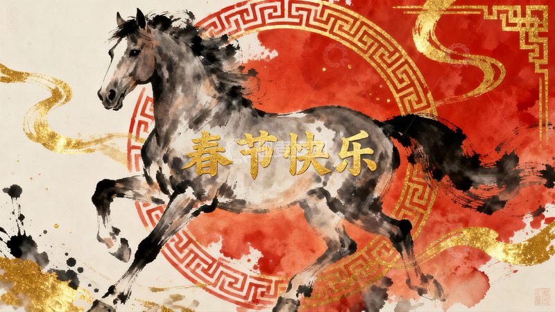 高清大图下载【趣麦麦图】水墨骏马迎春图