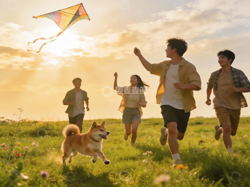 高清大图下载【趣麦麦图】四人一狗草地上放风筝