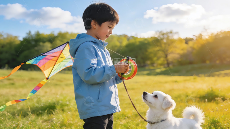 高清大图下载【趣麦麦图】小男孩与白狗放风筝