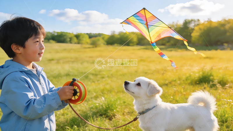 高清大图下载【趣麦麦图】小男孩与白狗放飞彩虹风筝