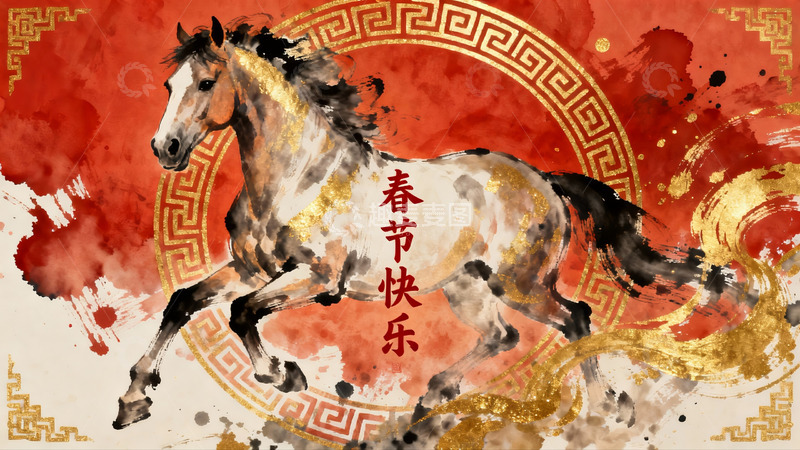 高清大图下载【趣麦麦图】水墨骏马迎春图