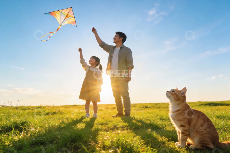 高清大图下载【趣麦麦图】父女放风筝猫咪仰望