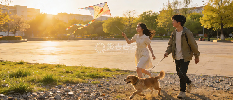 高清大图下载【趣麦麦图】情侣公园放风筝遛狗
