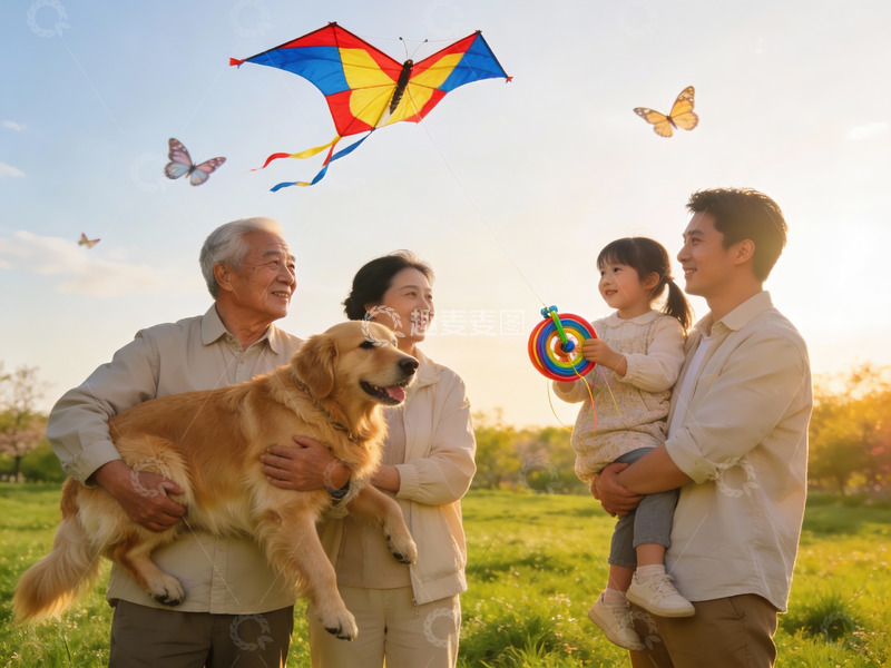 高清大图下载【趣麦麦图】三代同堂户外放风筝其乐融融