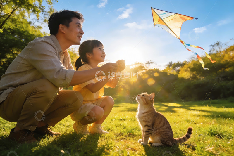 高清大图下载【趣麦麦图】父子放风筝猫咪注视户外温馨