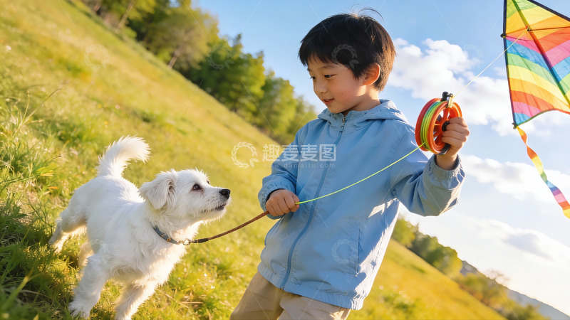 高清大图下载【趣麦麦图】小男孩与小狗放风筝