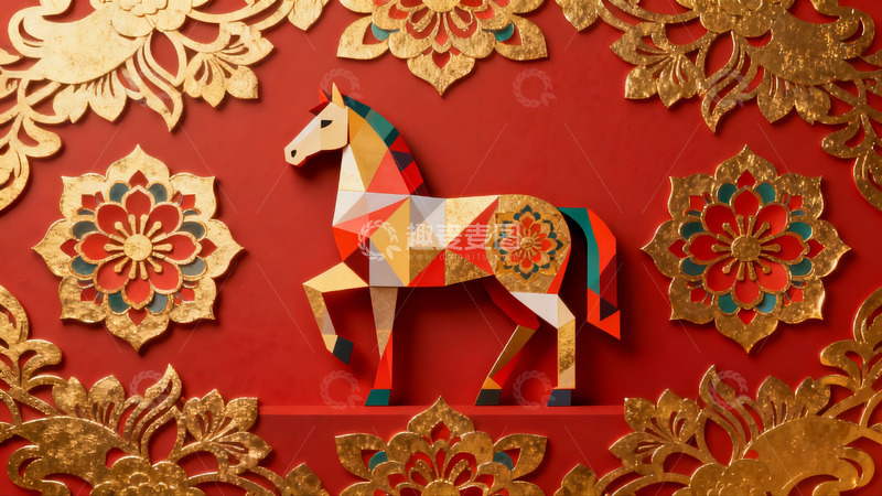 高清大图下载【趣麦麦图】红色背景上的彩色马形剪纸艺术