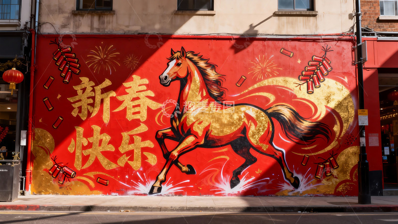 高清大图下载【趣麦麦图】新春墙绘骏马迎春