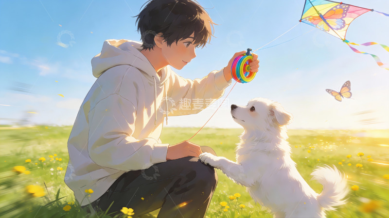 高清大图下载【趣麦麦图】少年与白犬放飞风筝的春日时光