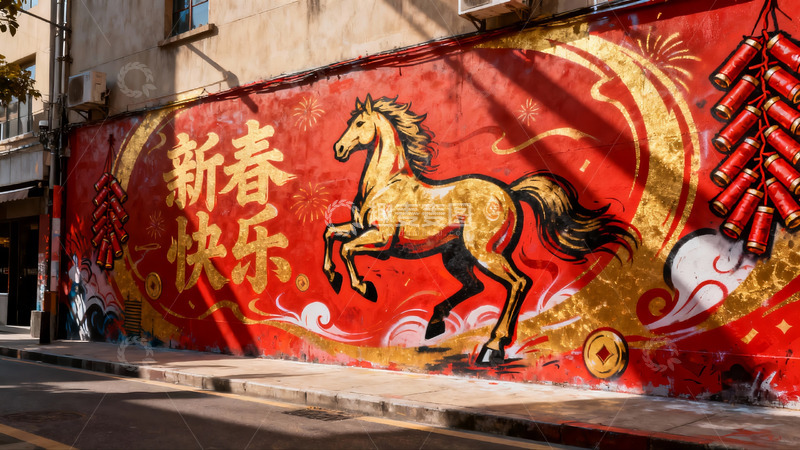 高清大图下载【趣麦麦图】新春墙绘骏马红火迎新年