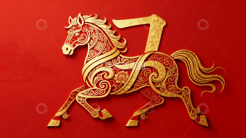 高清大图下载【趣麦麦图】金色骏马剪纸艺术图案