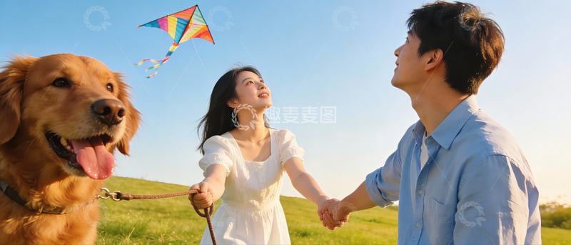 高清大图下载【趣麦麦图】情侣与狗狗户外放风筝