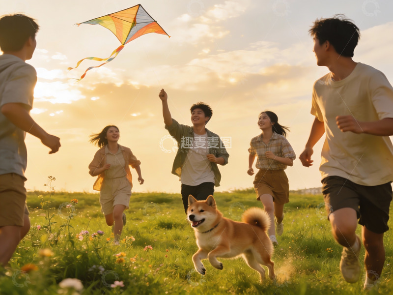 高清大图下载【趣麦麦图】青年户外奔跑放风筝