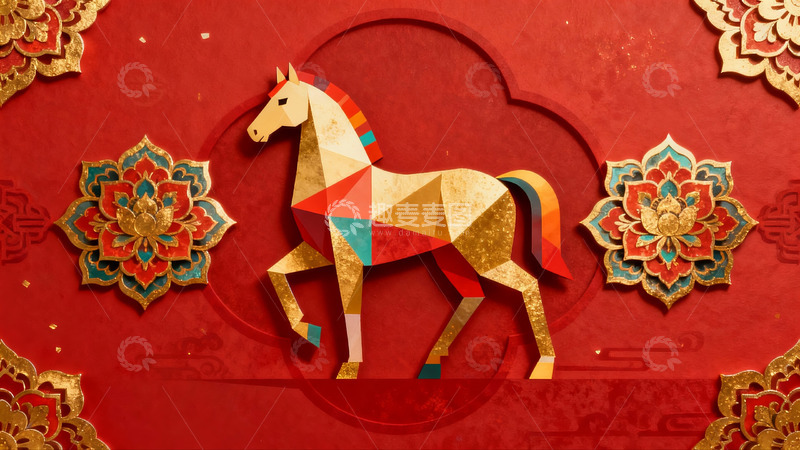 高清大图下载【趣麦麦图】红色背景上的彩色马形剪纸艺术