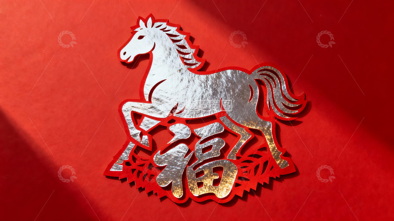 高清大图下载【趣麦麦图】红色背景上的银色马年剪纸