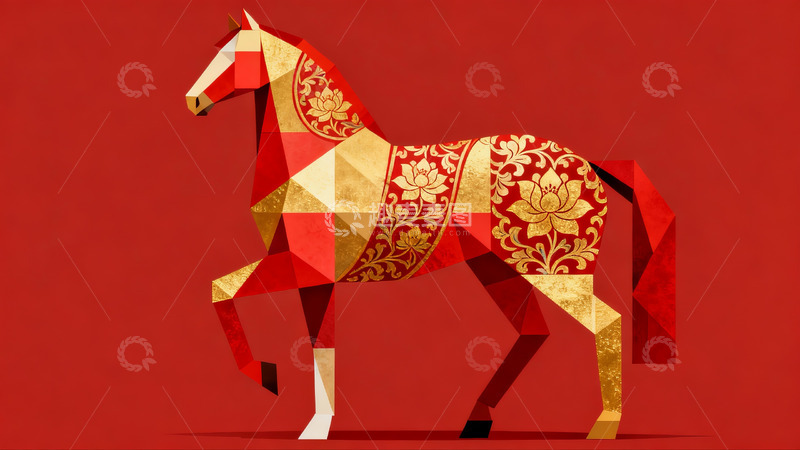高清大图下载【趣麦麦图】红色背景上的金色几何马图案