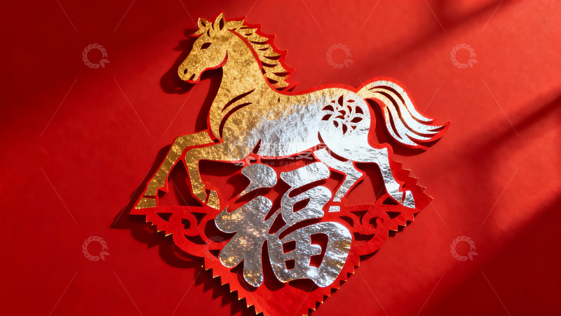 高清大图下载【趣麦麦图】红色背景上的金色剪纸马