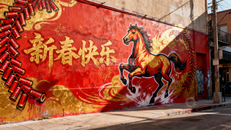 高清大图下载【趣麦麦图】红色墙绘新春马年主题壁画