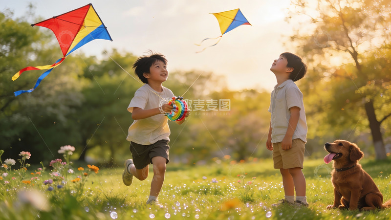 高清大图下载【趣麦麦图】儿童草地上放风筝欢乐场景