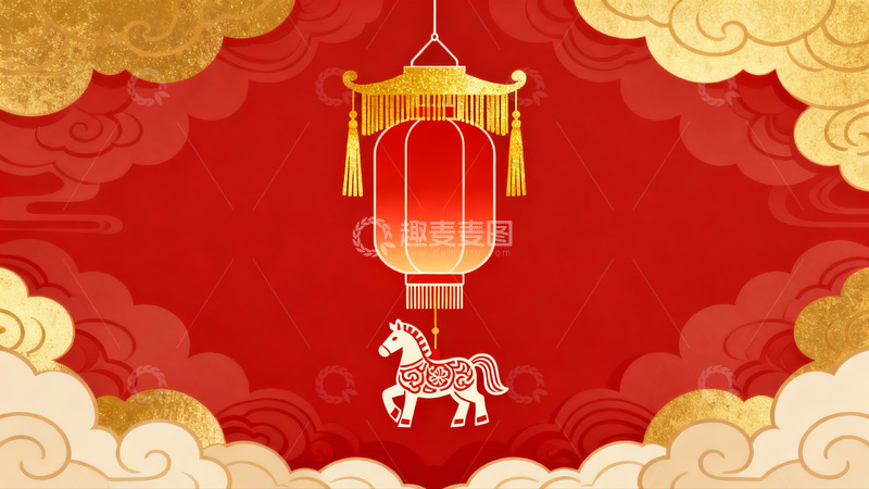 高清大图下载【趣麦麦图】红色背景下的灯笼与马图案