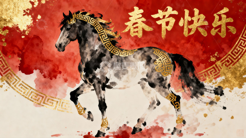 高清大图下载【趣麦麦图】水墨骏马迎春图