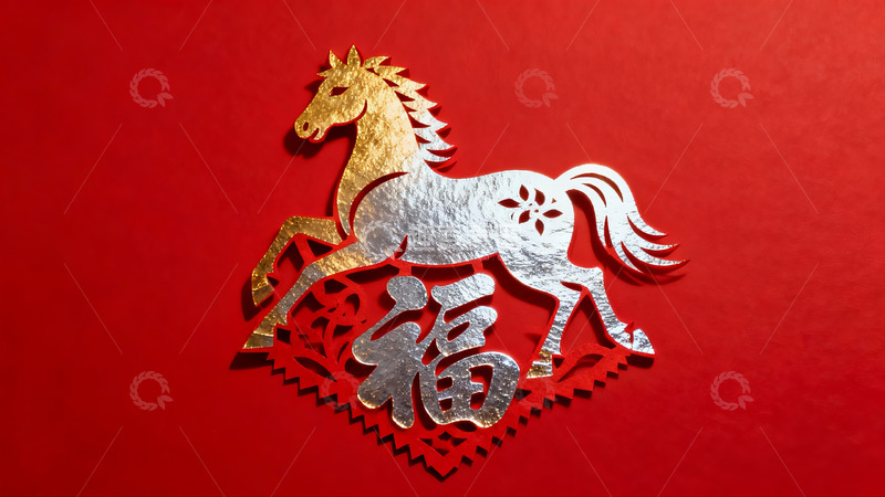 高清大图下载【趣麦麦图】红色背景上的金色银色马剪纸