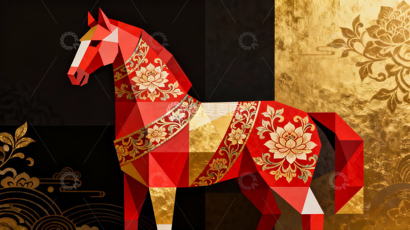 高清大图下载【趣麦麦图】红色几何马艺术图案