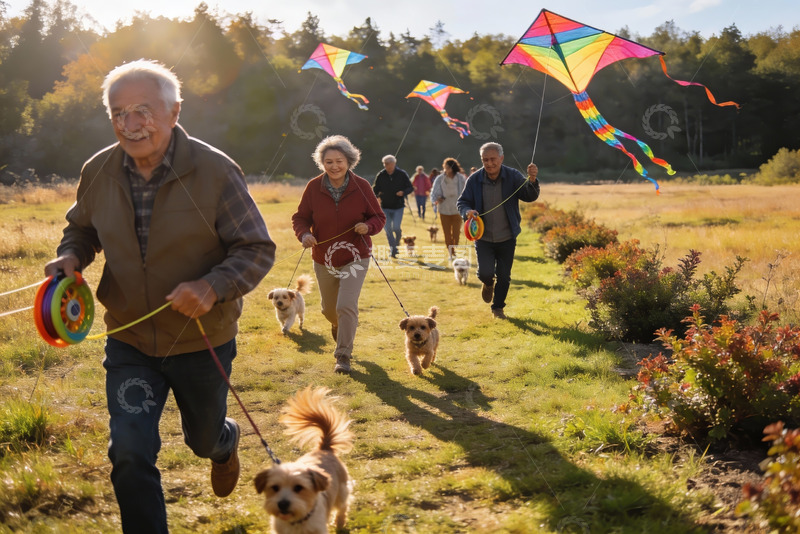 高清大图下载【趣麦麦图】老人户外放风筝遛狗欢乐场景