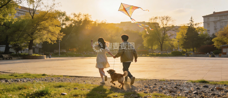 高清大图下载【趣麦麦图】情侣公园放风筝遛狗