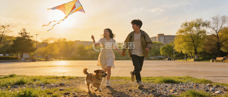 高清大图下载【趣麦麦图】情侣公园放风筝与宠物狗奔跑