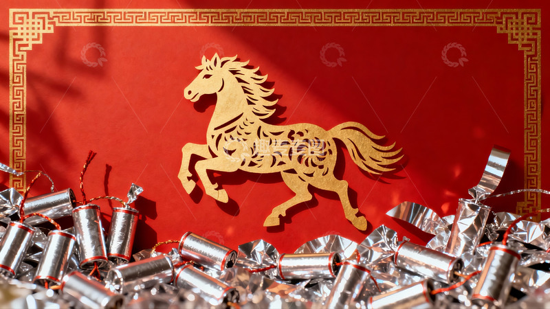 高清大图下载【趣麦麦图】红色背景上的金色马剪纸与鞭炮