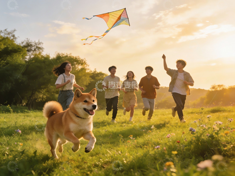 高清大图下载【趣麦麦图】青年与柴犬户外放风筝