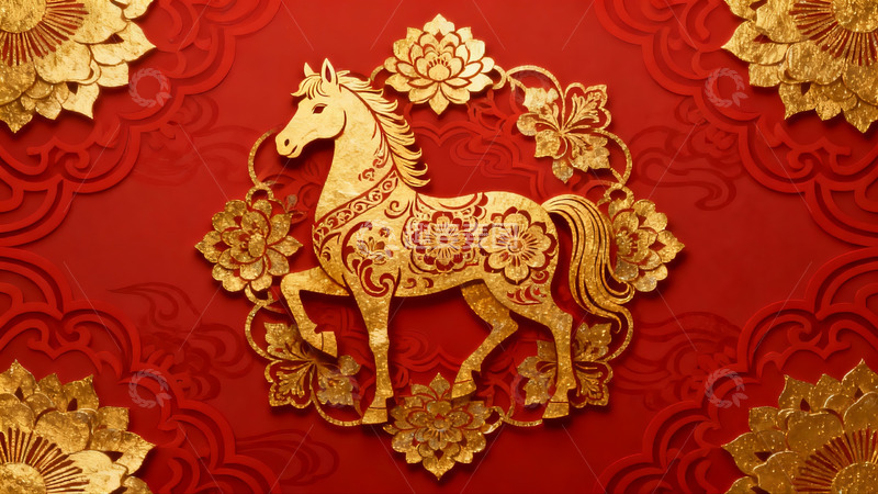 高清大图下载【趣麦麦图】金色剪纸马配红色背景图案