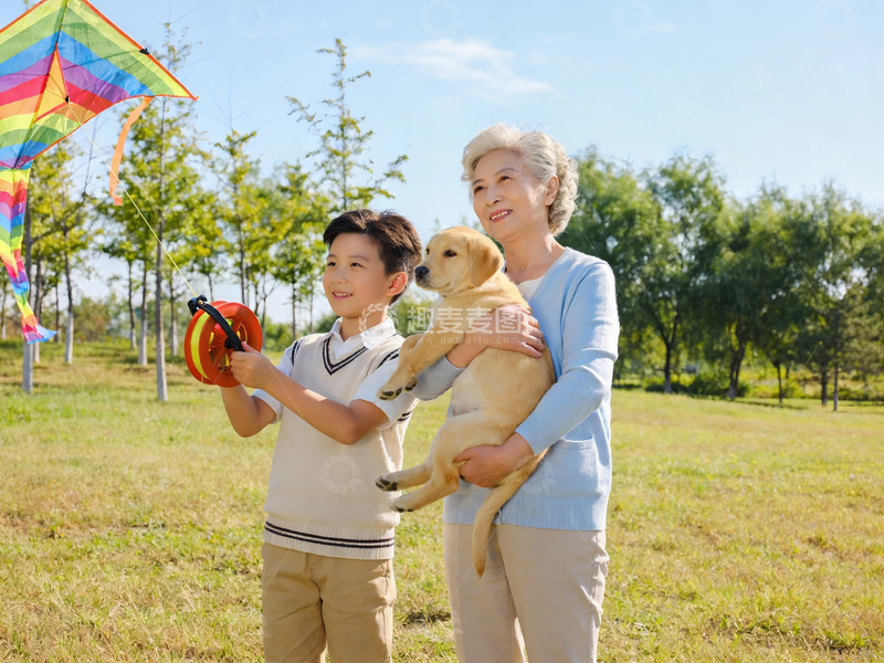 高清大图下载【趣麦麦图】祖孙放风筝与宠物狗户外欢乐