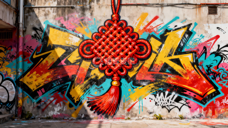 高清大图下载【趣麦麦图】街头艺术墙绘中国结图案