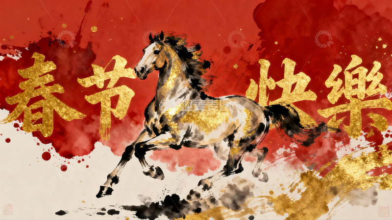 高清大图下载【趣麦麦图】春节骏马奔腾水墨画