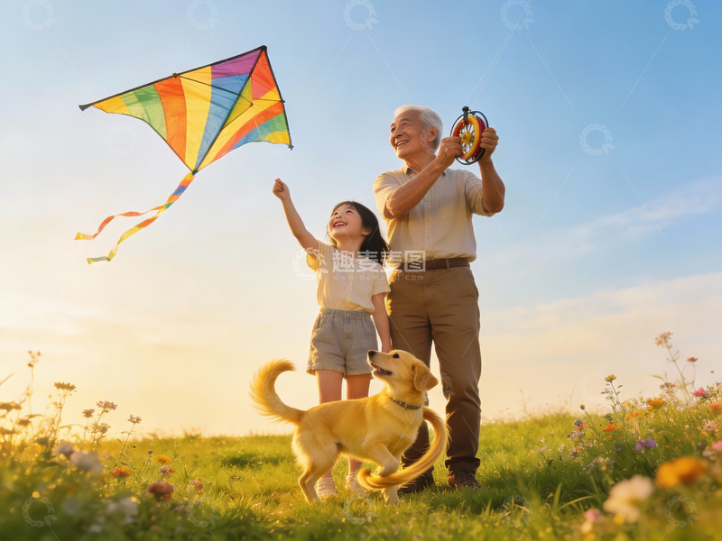 高清大图下载【趣麦麦图】祖孙放风筝狗狗相伴户外欢乐