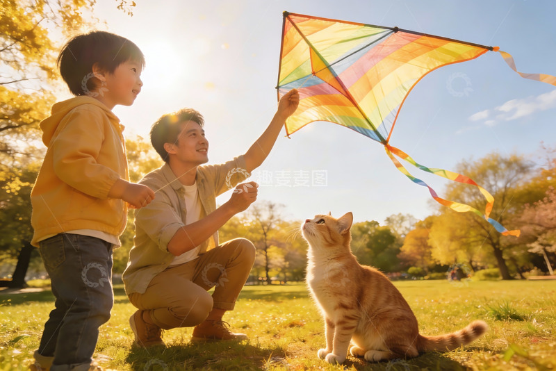 高清大图下载【趣麦麦图】父子放风筝猫咪围观欢乐时光