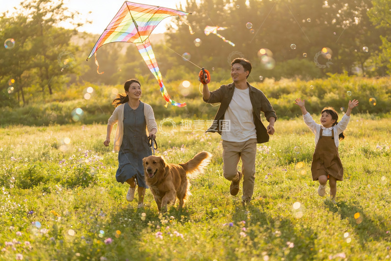 高清大图下载【趣麦麦图】家庭户外放风筝欢乐场景
