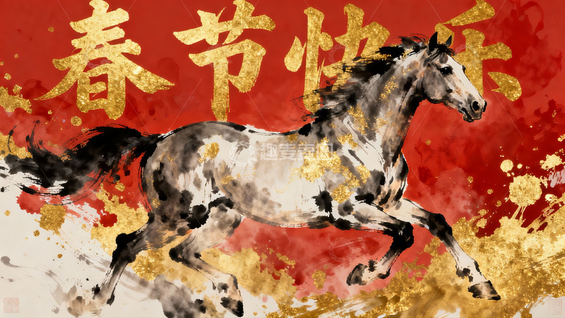 高清大图下载【趣麦麦图】春节骏马奔腾水墨画
