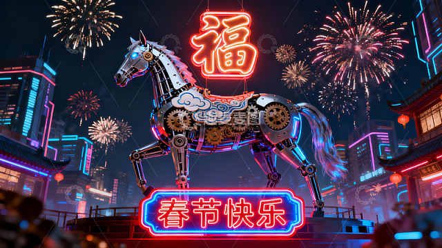 机械马烟花夜景迎新春
