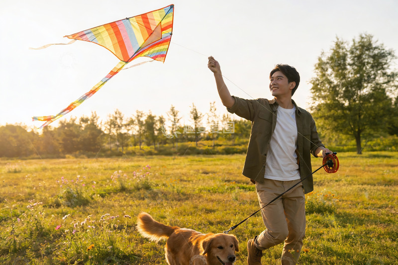 高清大图下载【趣麦麦图】男子户外放风筝遛狗