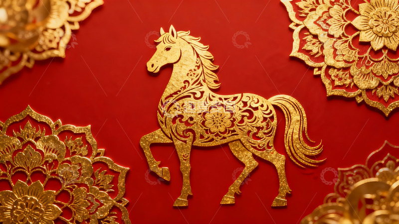 高清大图下载【趣麦麦图】红色背景金色马形剪纸艺术