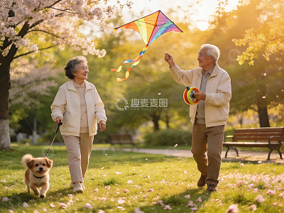 老年夫妇公园放风筝遛狗