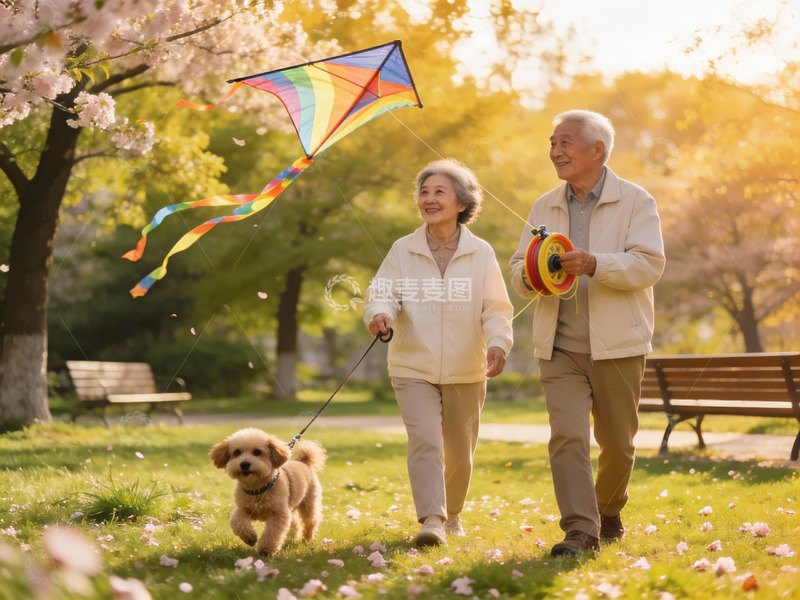 高清大图下载【趣麦麦图】老夫妇公园放风筝遛狗