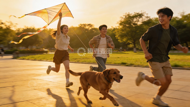 高清大图下载【趣麦麦图】三人一狗公园放风筝