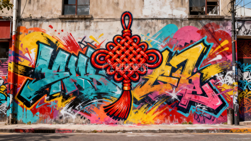 高清大图下载【趣麦麦图】街头艺术墙绘中国结图案