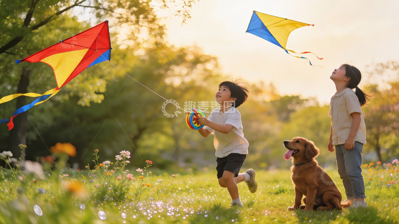 高清大图下载【趣麦麦图】儿童草地放风筝与狗狗相伴